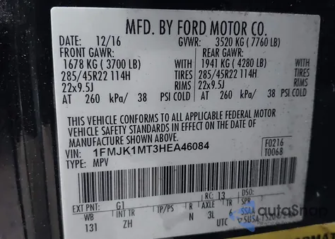 2017 Ford Expedition El Platinum from USA, damaged, VIN 1FMJK1MT3HEA46084